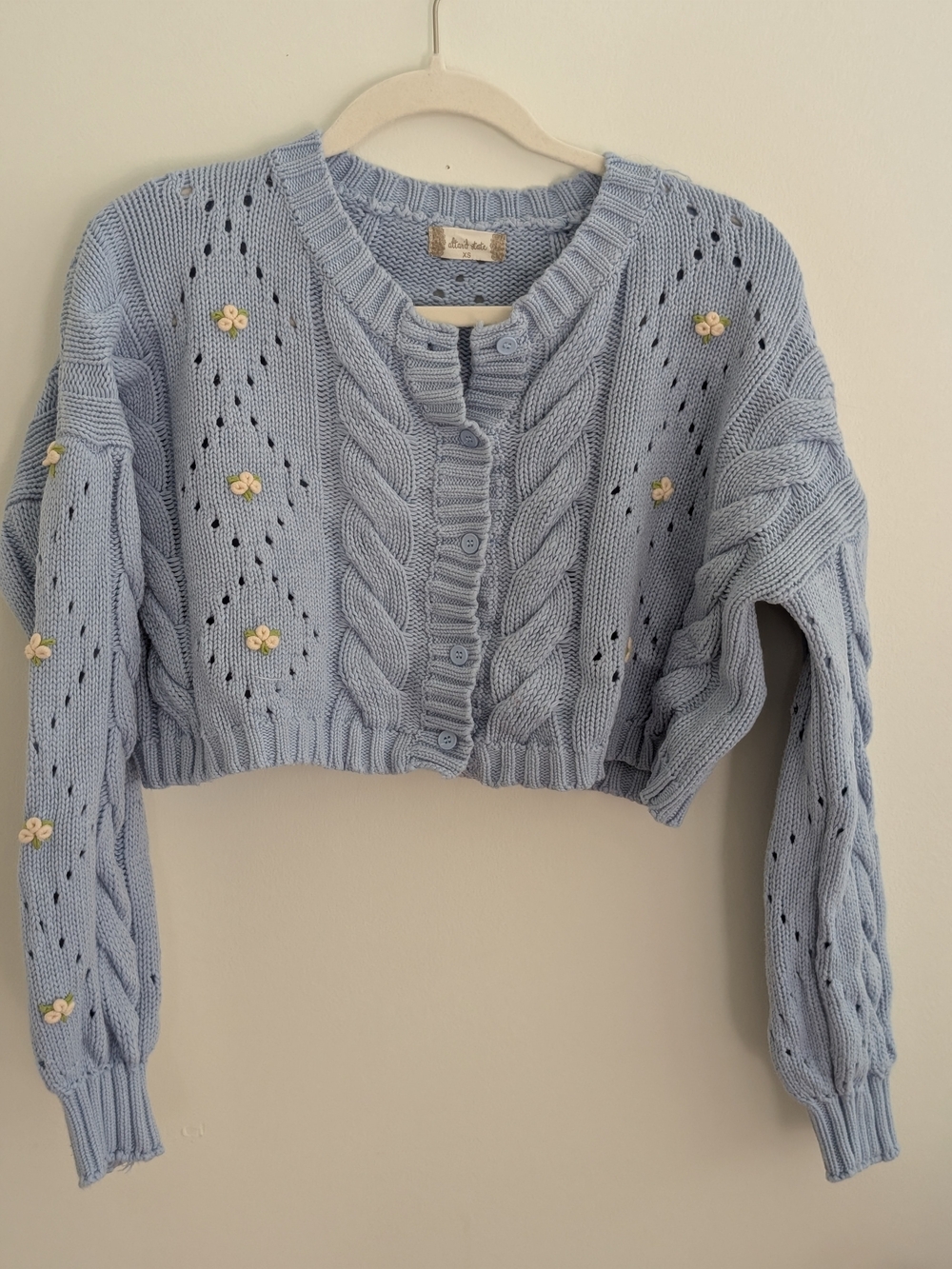 Altar'd State Baby Blue Cropped Cable-Knit Cardigan with Floral Appliques